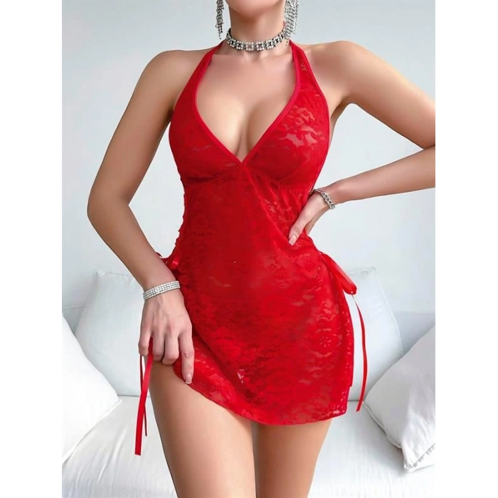 VipMarketim Kırmızı Dantel İşlemeli Yandan Bağlamalı Fantezi Tül Gecelik