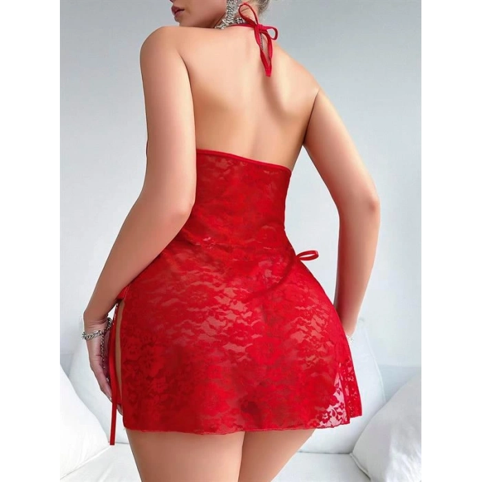 VipMarketim Kırmızı Dantel İşlemeli Yandan Bağlamalı Fantezi Tül Gecelik