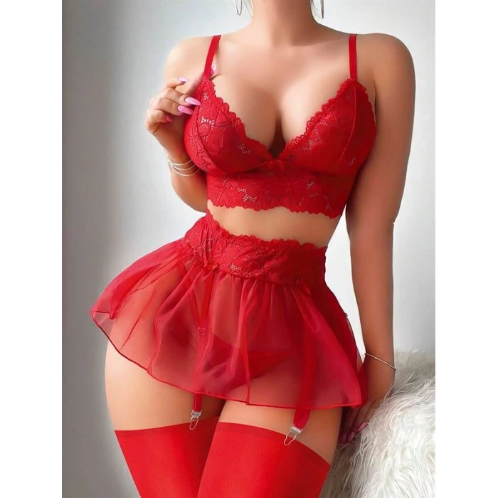 VipMarketim Kırmızı Dantelli Etekli Fantez Jartiyer Takım