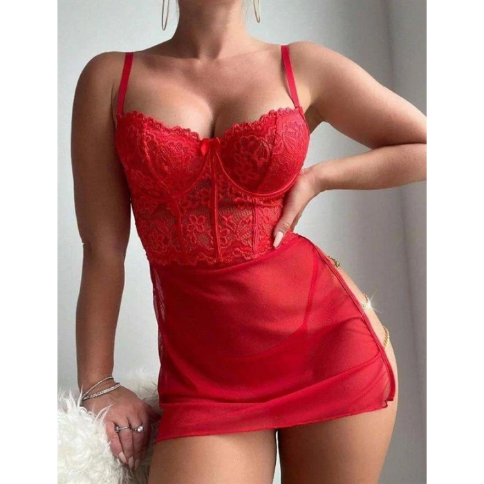 VipMarketim  Kırmızı Dantelli Zincir Detaylı Tül Fantezi Gecelik