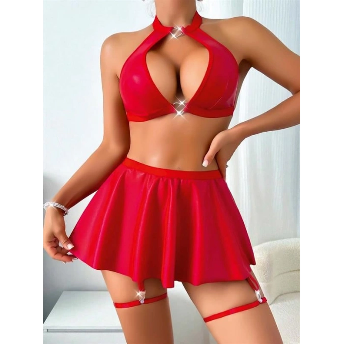 VipMarketim  Kırmızı Dekolteli Etekli Boyundan Bağlamalı Fantezi Parlak Deri Kostüm