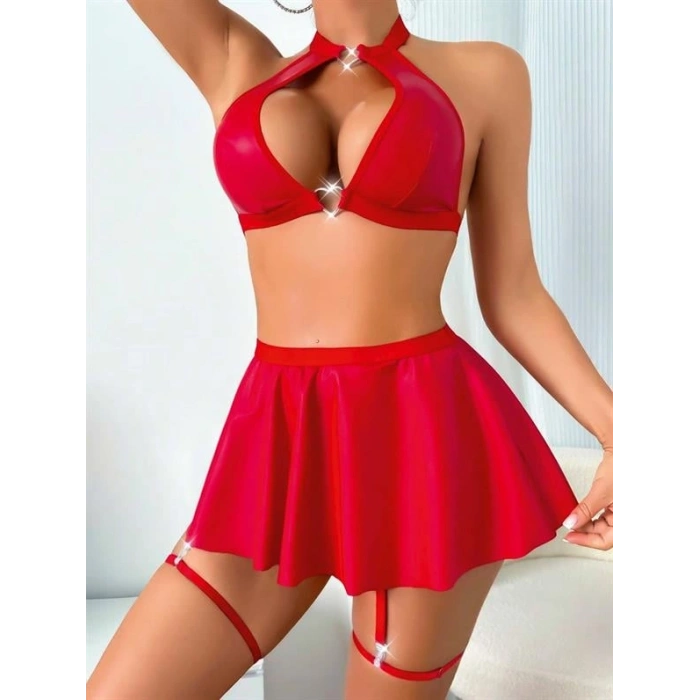VipMarketim  Kırmızı Dekolteli Etekli Boyundan Bağlamalı Fantezi Parlak Deri Kostüm
