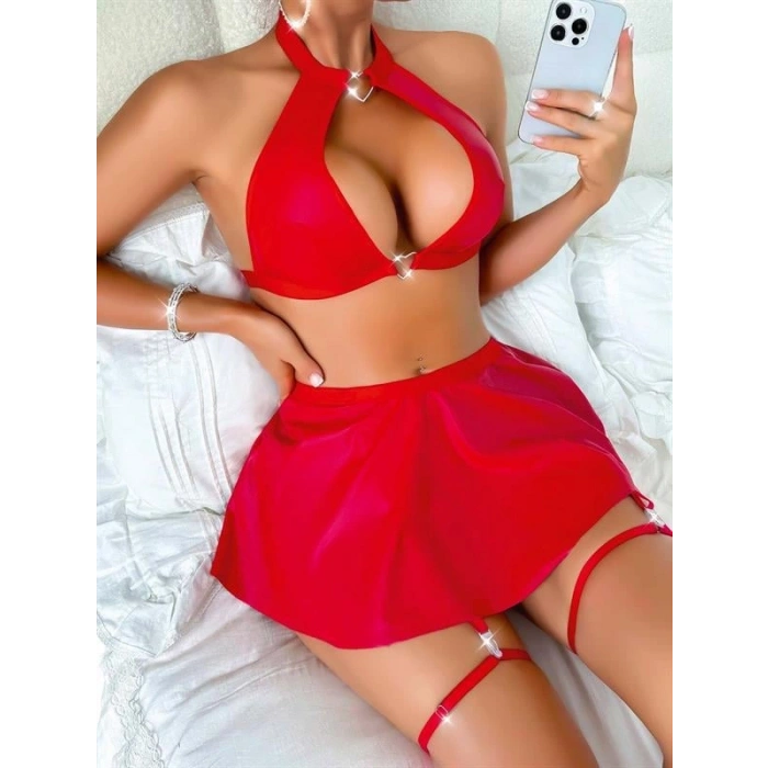 VipMarketim  Kırmızı Dekolteli Etekli Boyundan Bağlamalı Fantezi Parlak Deri Kostüm