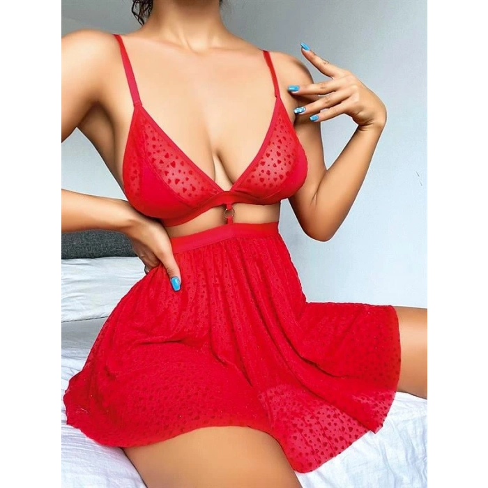 VipMarketim Kırmızı Desenli Mini Etekli Sütyen Takımı