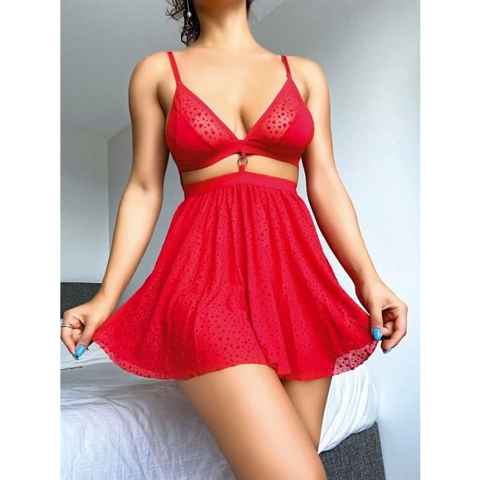 VipMarketim Kırmızı Desenli Mini Etekli Sütyen Takımı