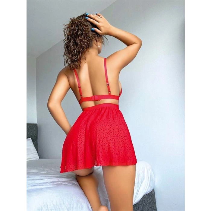 VipMarketim Kırmızı Desenli Mini Etekli Sütyen Takımı
