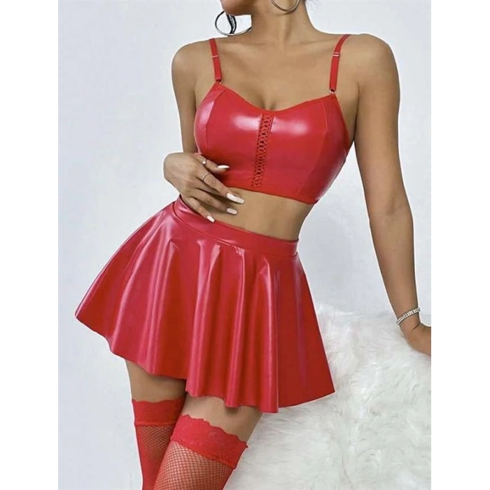 VipMarketim  Kırmızı Etekli Fantezi Deri Şık Elbise