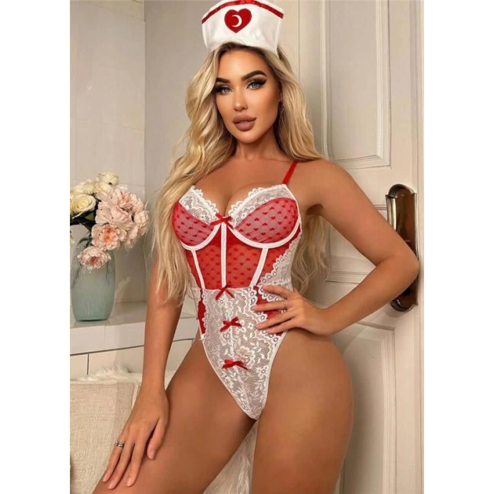 VipMarketim  Kırmızı Fantezi Body Hemşire Kostümü