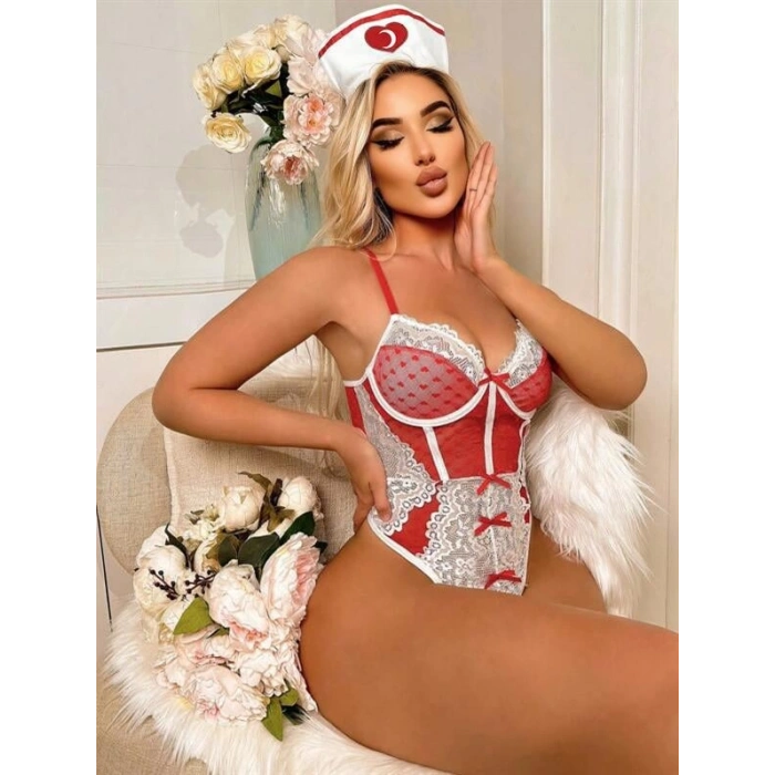 VipMarketim Kırmızı Fantezi Body Hemşire Kostümü