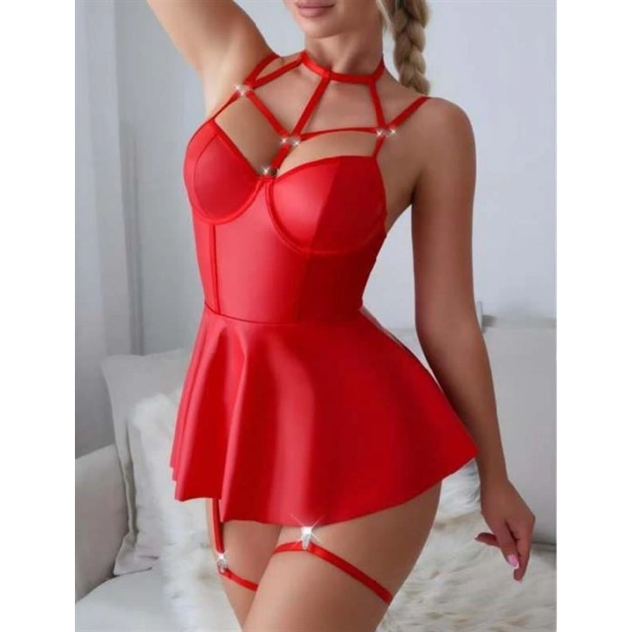 VipMarketim  Kırmızı Fantezi Parlak Deri Şık Club Elbise