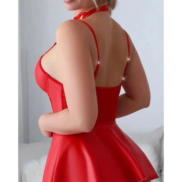 VipMarketim  Kırmızı Fantezi Parlak Deri Şık Club Elbise