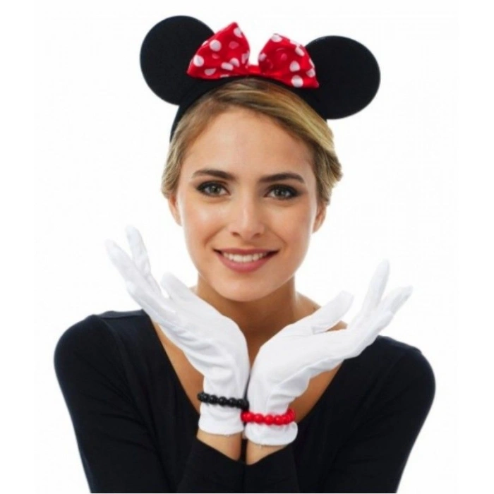 VipMarketim Kırmızı Fiyonklu Minnie Mouse Tacı ve Beyaz Eldiven Seti