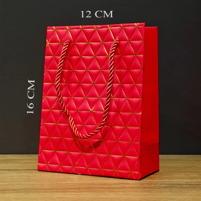 VipMarketim Kırmızı Geometrik Desenli Mini Boy Karton Hediye Çantası