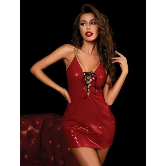 VipMarketim  Kırmızı Göğüs Detay Fantezi Deri Elbise