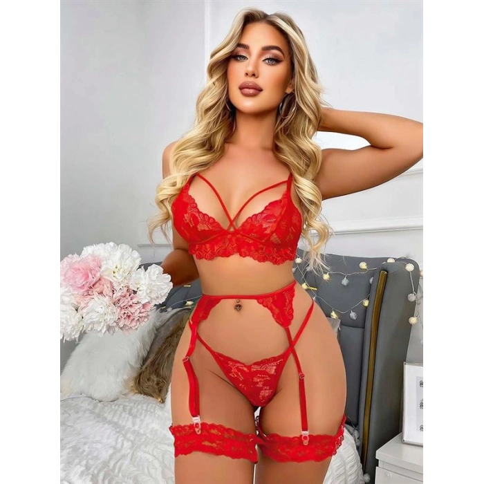 VipMarketim  Kırmızı Göğüs İp Detaylı Dantel İşlemeli Fantezi Jartiyer Takımı