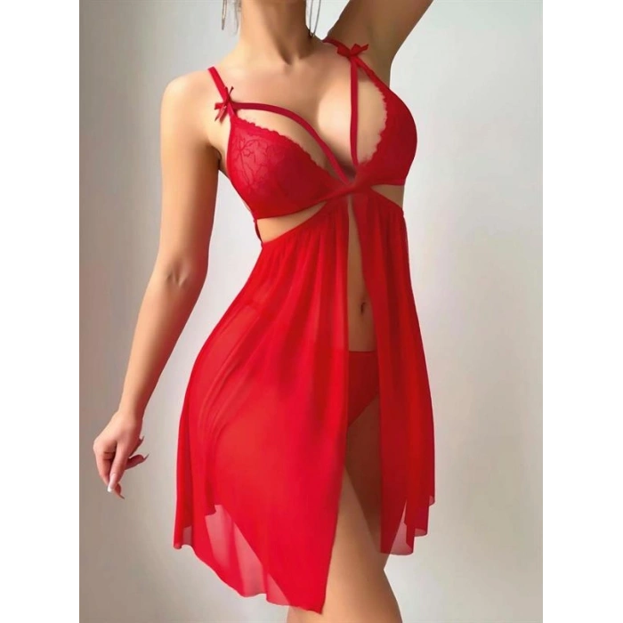 VipMarketim  Kırmızı Göğüs İp Detaylı Dantel İşlemeli Tül Gecelik