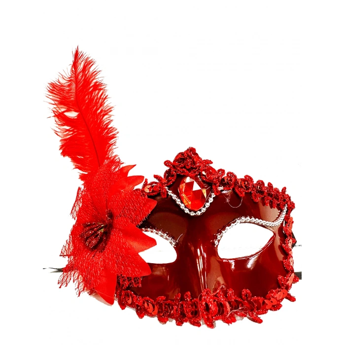 VipMarketim Kırmızı Güllü ve Tüylü Venedik Maskesi