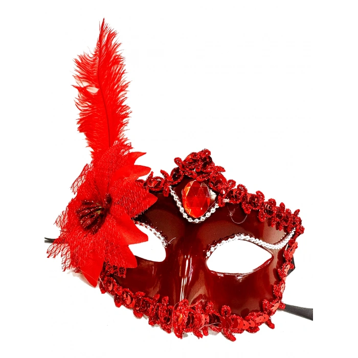 VipMarketim Kırmızı Güllü ve Tüylü Venedik Maskesi