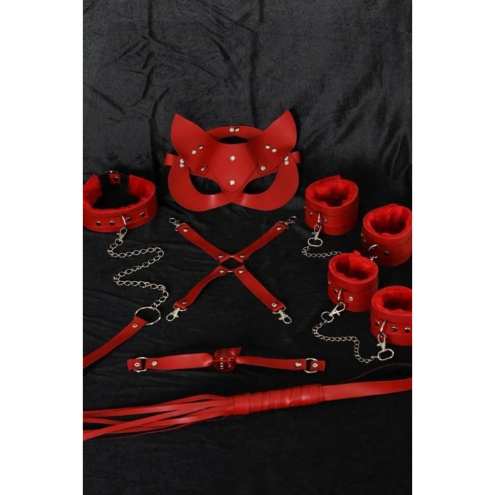 VipMarketim Kırmızı İçi Tüylü Maske,Kol,Bacak,Ağız Topu,Kırbaç,Tasma Harness Set