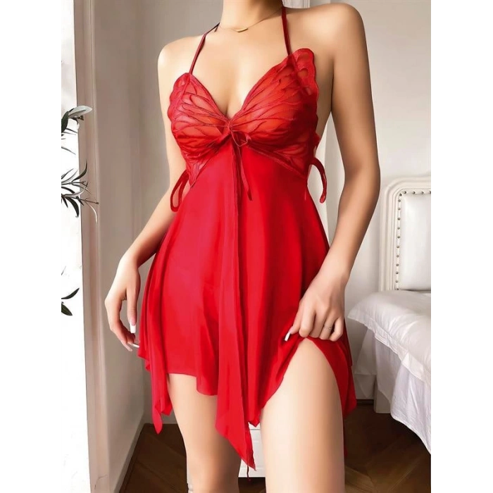 VipMarketim Kırmızı Kelebek İşlemeli Tül Fantezi Gecelik