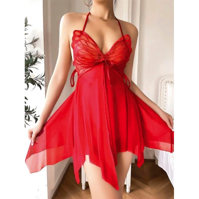 VipMarketim Kırmızı Kelebek İşlemeli Tül Fantezi Gecelik