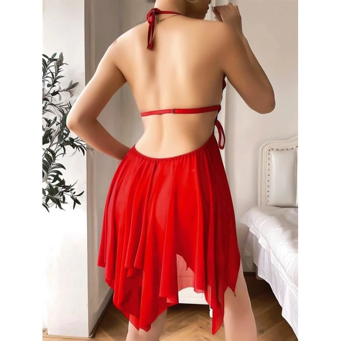 VipMarketim Kırmızı Kelebek İşlemeli Tül Fantezi Gecelik