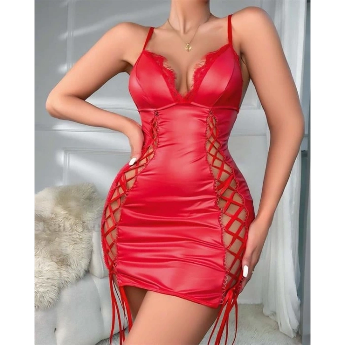 Vipmarketim Kırmızı Kenarları İp Detaylı Fantezi Deri Şık Elbise