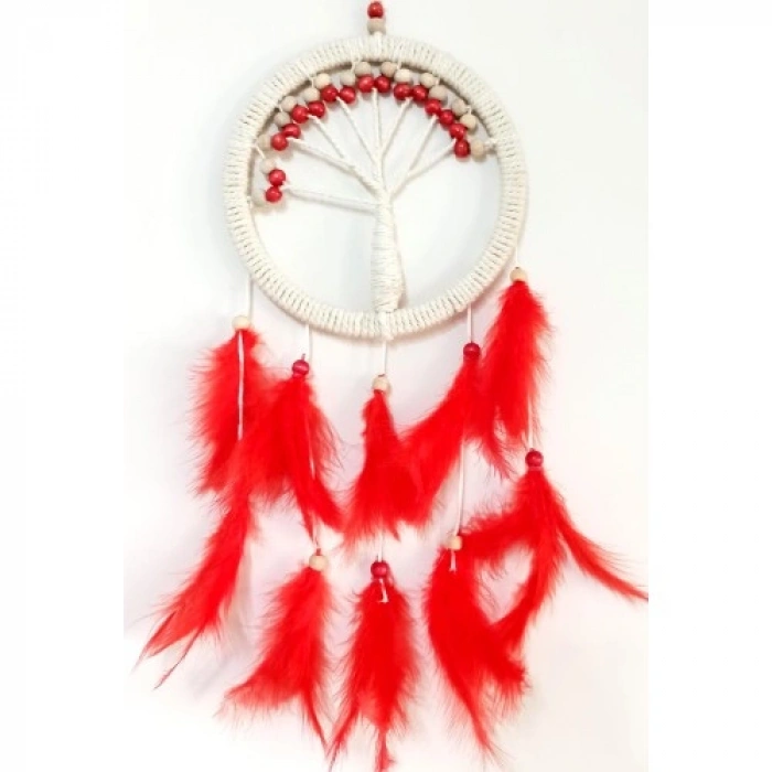 VipMarketim Kırmızı Kuş Tüylü Hayat Ağacı Düş Kapanı Duvar Süsü