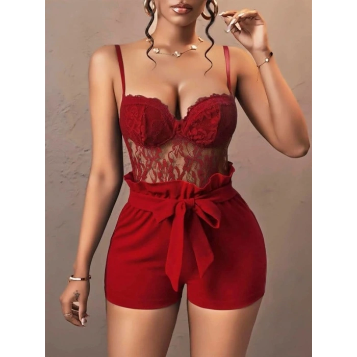 VipMarketim Kırmızı Kuşak Ve Dantel Detaylı Fantezi Elbise