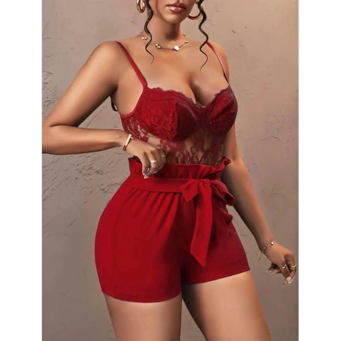 VipMarketim Kırmızı Kuşak Ve Dantel Detaylı Fantezi Elbise