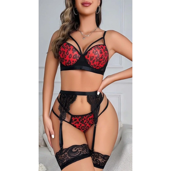 VipMarketim Kırmızı Leopar Desenli Fantezi Jartiyer Takımı