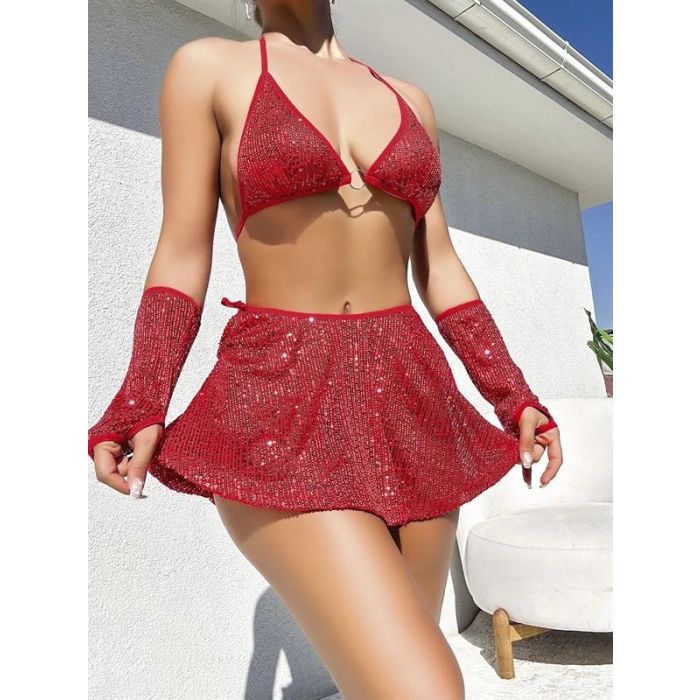 VipMarketim  Kırmızı Parıltılı Eldivenli Etekli Fantezi Takım