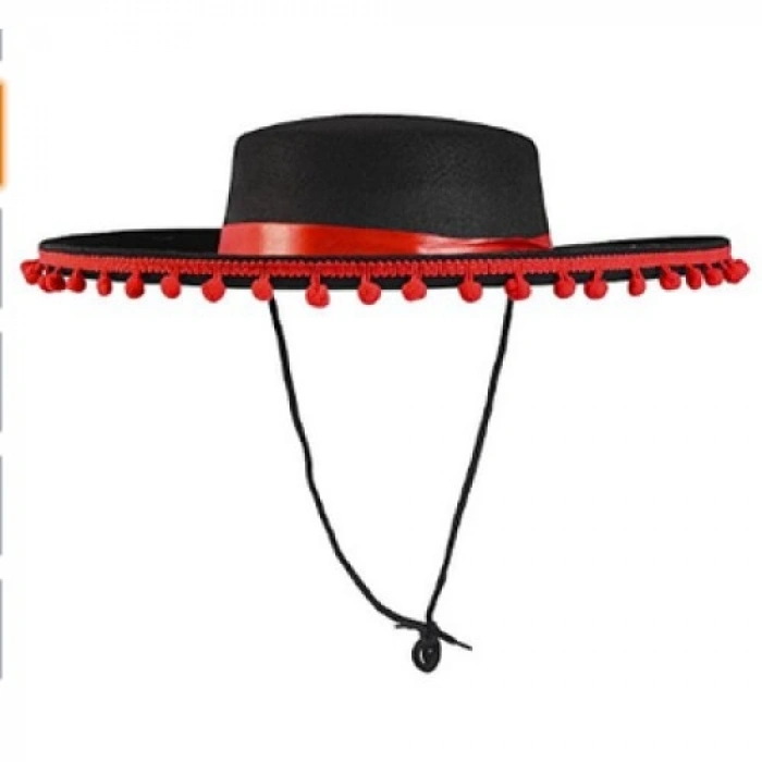 VipMarketim Kırmızı Ponponlu Siyah Renk Çocuk İspanyol Şapkası