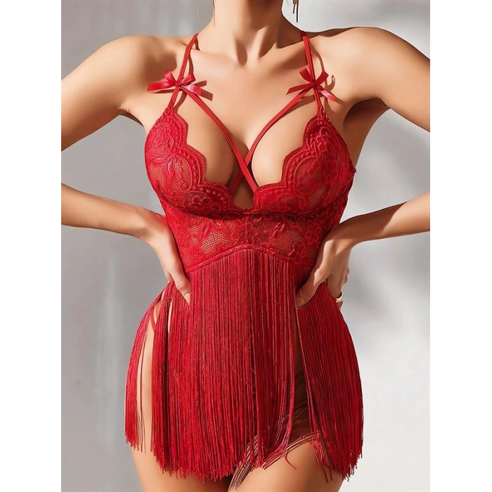 VipMarketim Kırmızı Püsküllü Dantel Detaylı Fantezi Gecelik