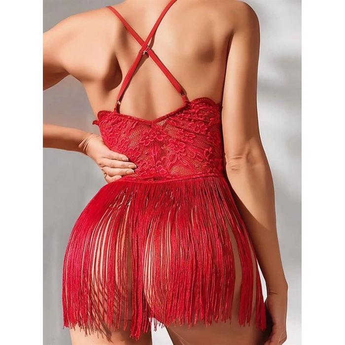 Vipmarketim Kırmızı Püsküllü Dantel Detaylı Fantezi Gecelik