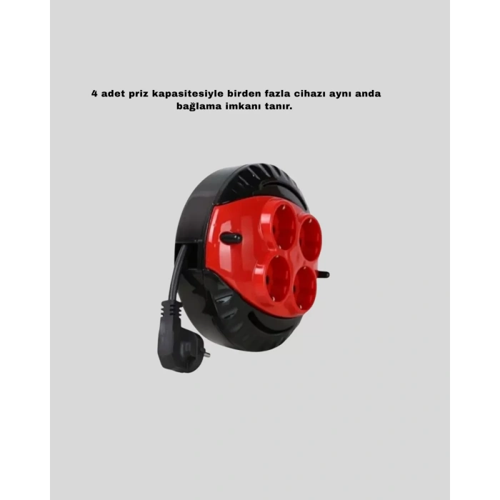 VipMarketim Kırmızı Renk 3 Metre 4’lü Kablolu Priz Makarası