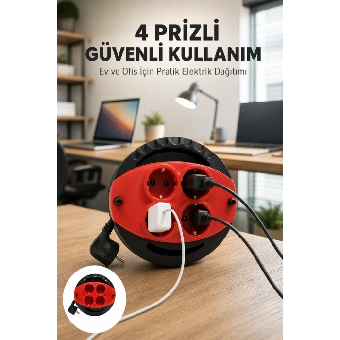 VipMarketim Kırmızı Renk 5 Metre 4’lü Kablolu Priz Makarası