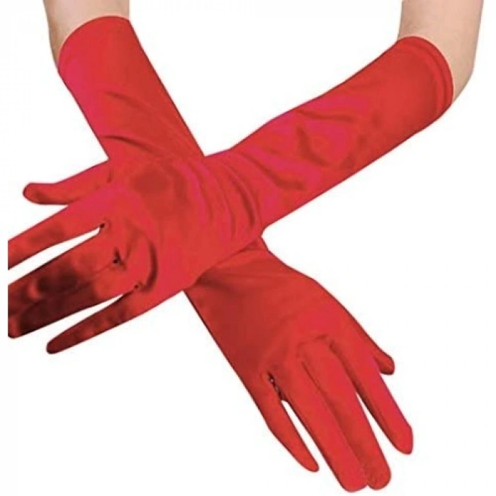 VipMarketim Kırmızı Renk Dirseğe Kadar Uzun Kumaş Eldiven 40 cm