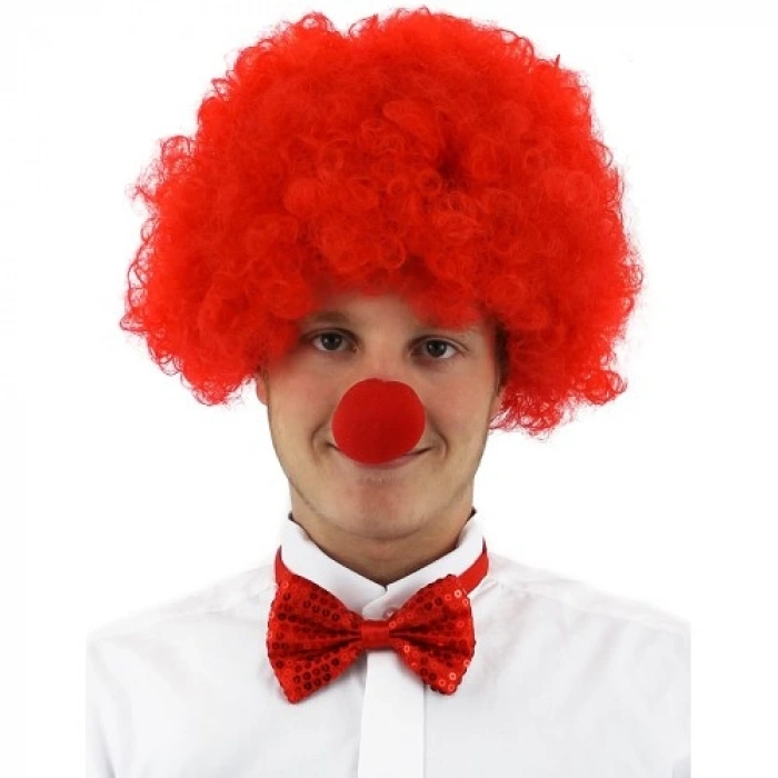 VipMarketim Kırmızı Renk Kıvırcık Afro Bonus Peruk Takma Saç ve Kırmızı Burun Seti