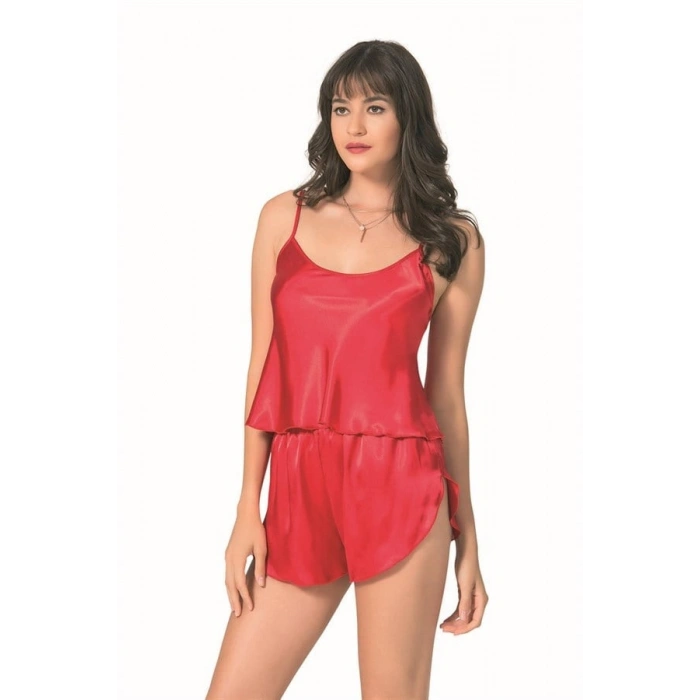 VipMarketim  Kırmızı Saten Babydoll Şort Takımı