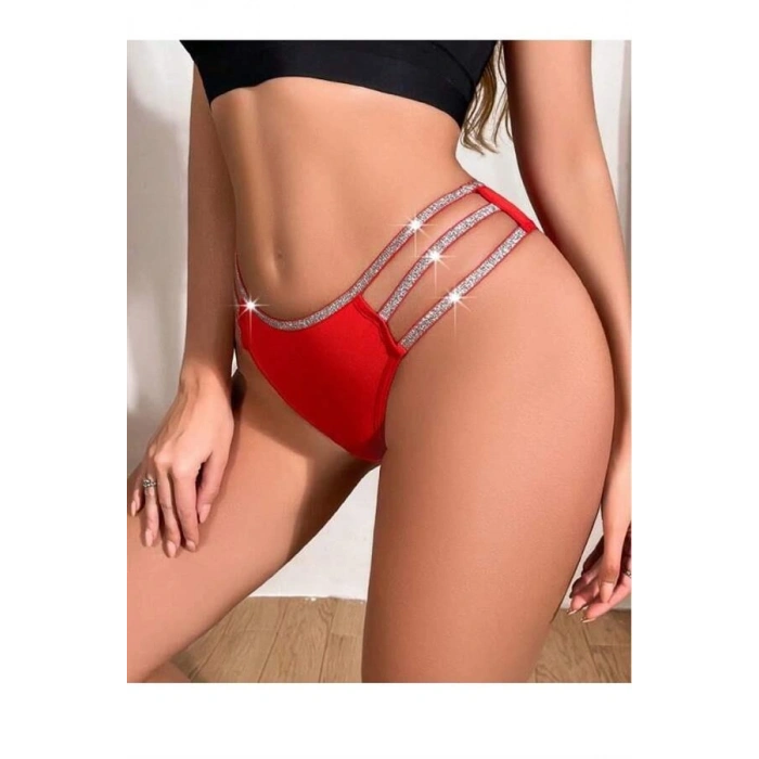 VipMarketim Kırmızı Simli Yanları Şeritli Şık Fantezi Külot