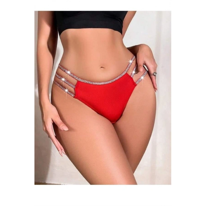 VipMarketim Kırmızı Simli Yanları Şeritli Şık Fantezi Külot