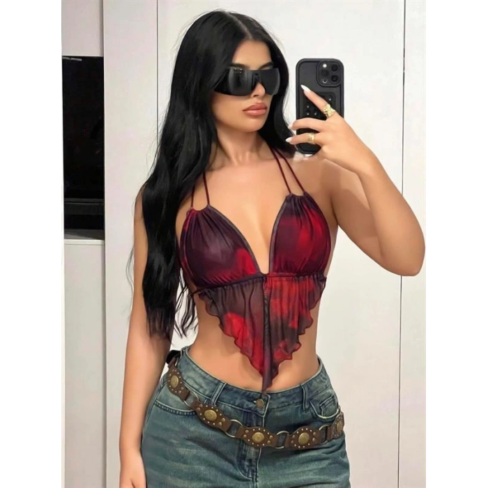 VipMarketim  Kırmızı Siyah Desenli İnce Askılı Üçgen Kesim Crop