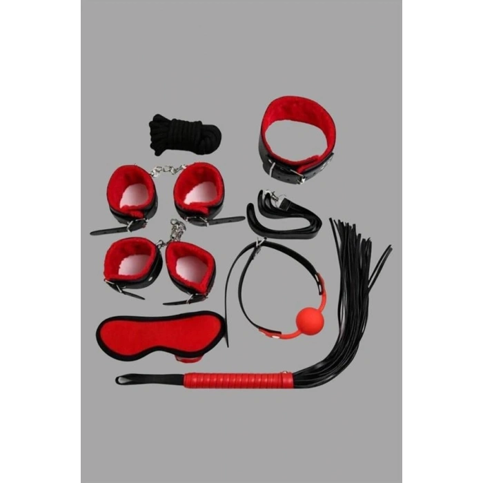 VipMarketim  Kırmızı/siyah İçi Tüylü Deri 7li Harness Set