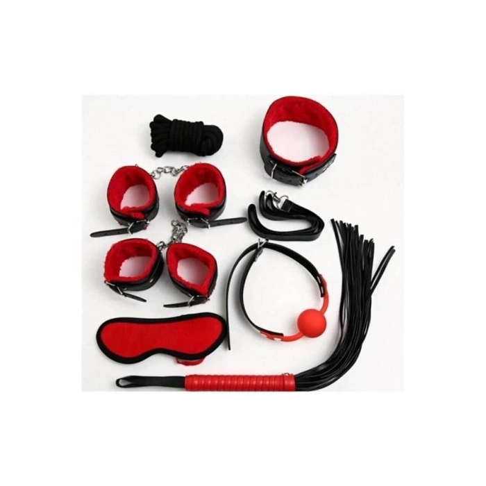 VipMarketim Kırmızı/Siyah İçi Tüylü Deri 7Li Harness Set