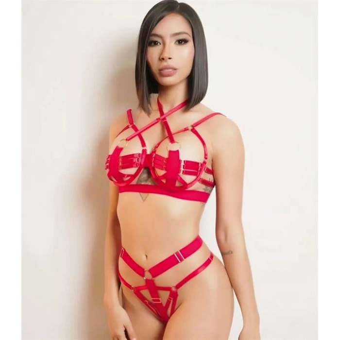 VipMarketim Kırmızı Sütyen Külot Harness Takım