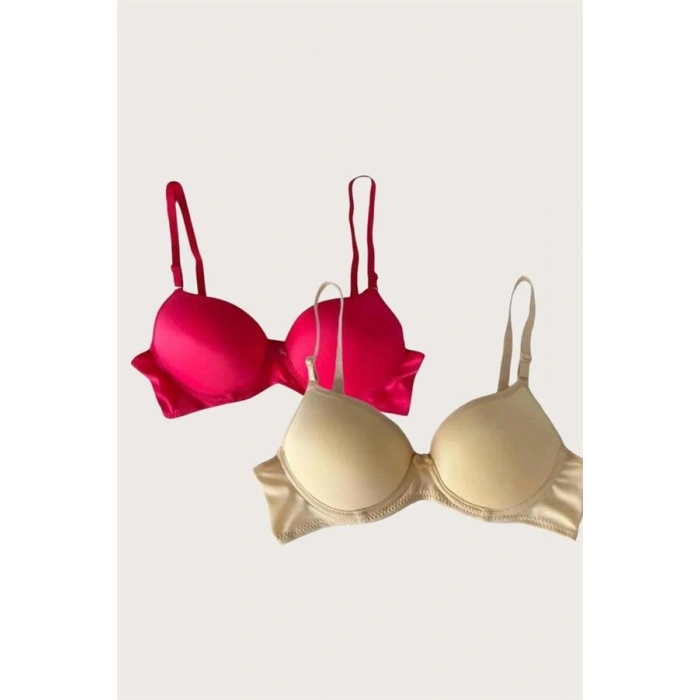 VipMarketim Kırmızı-Ten 2Li Mikro Kumaş İçi Boş Balenli Günlük Desteksiz Sütyen