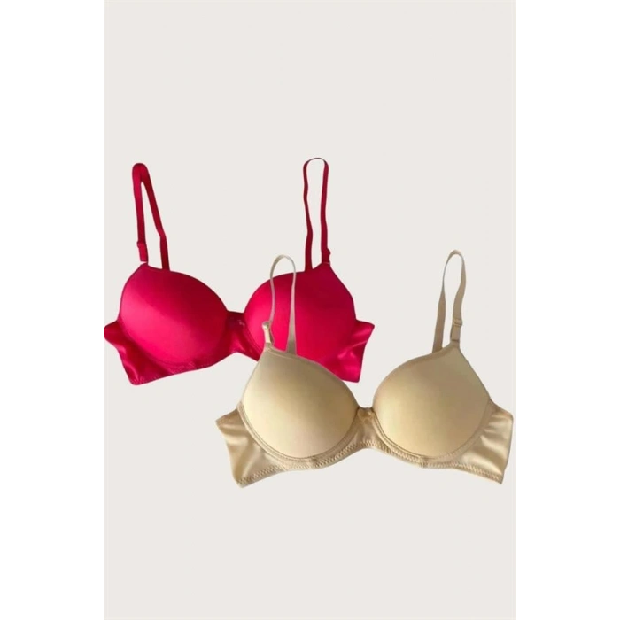VipMarketim Kırmızı-Ten 2Li Mikro Kumaş İçi Boş Balenli Günlük Desteksiz Sütyen
