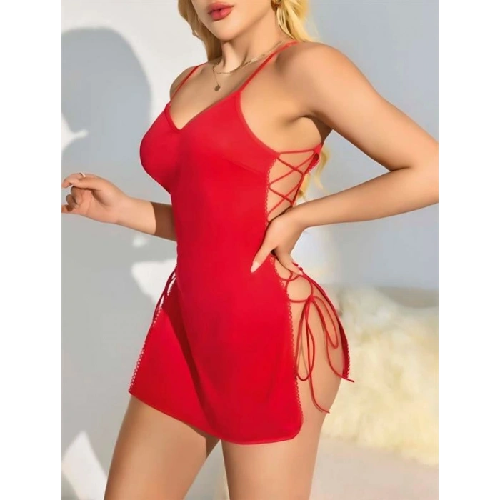 VipMarketim Kırmızı Yanları İp Detaylı Fantezi Gecelik