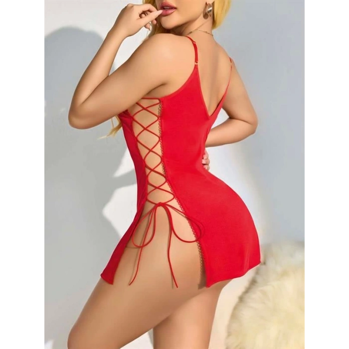 VipMarketim  Kırmızı Yanları İp Detaylı Fantezi Gecelik